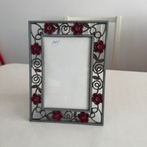 Metal sparkly magenta flowers stained glass picture photo frame 1990s, 8 x 6